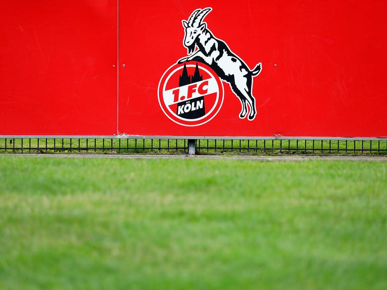 Logo des 1. FC Köln auf einem Trainingsplatz.