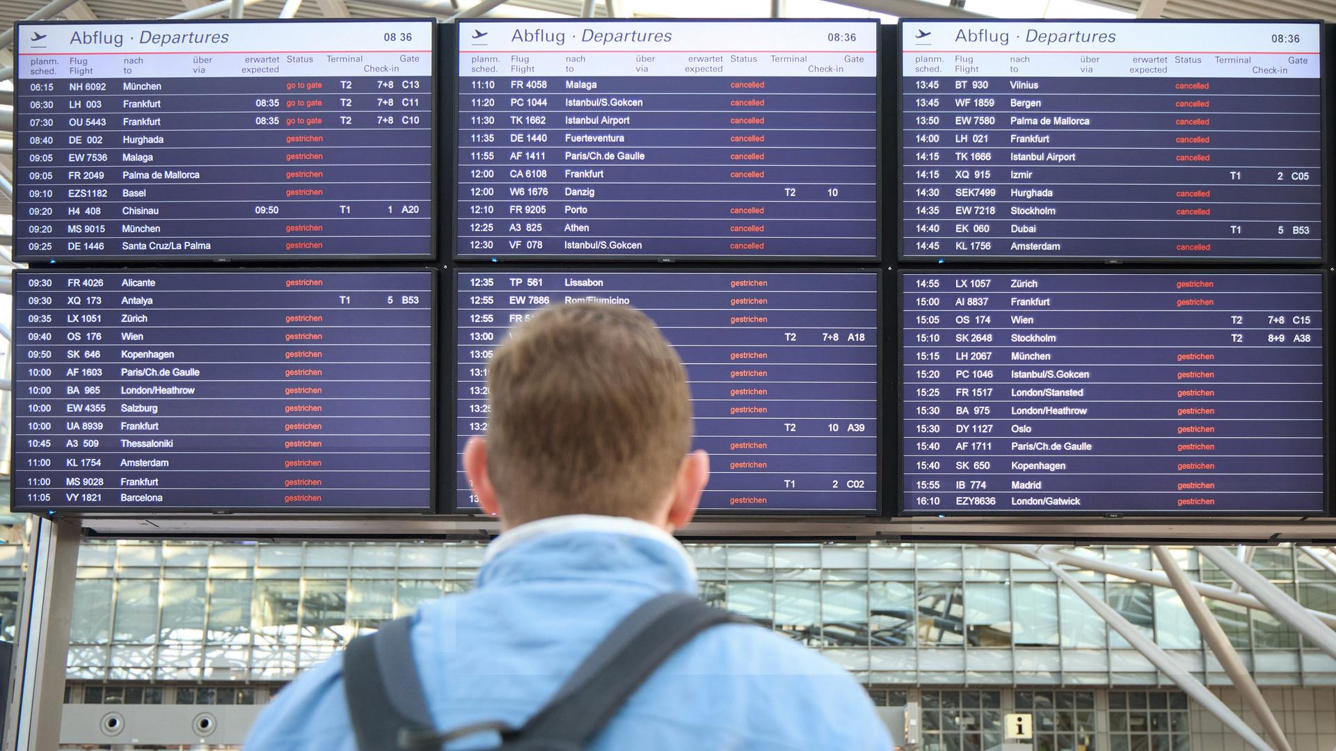 Ein Mann schaut am Flughafen Hanburg auf die Anzeigetafel für Abflüge und Ankünfte.