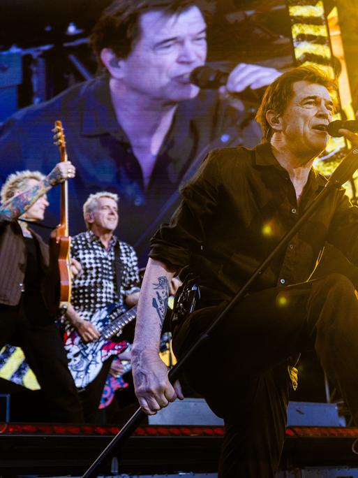 Die Toten Hosen auf der Bühne. Sänger Campino ist vorn und hält sich ein Mikrofon an den Mund. 