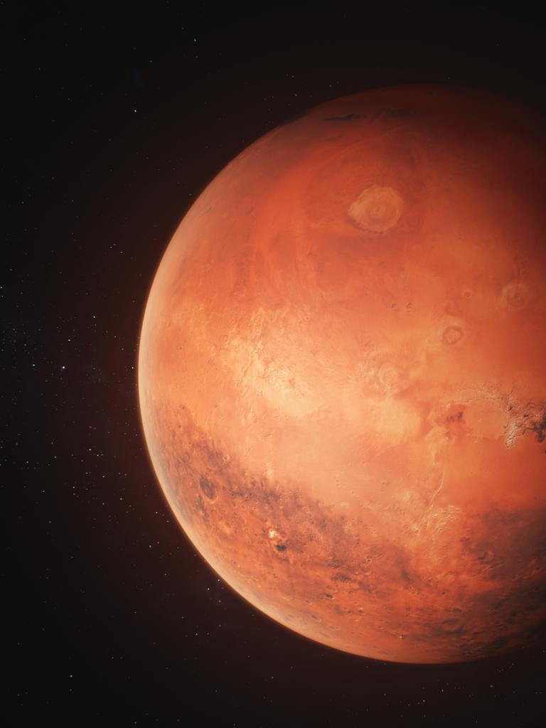 Realistische 3D-Animation des sich im dunklen Weltraum drehenden Mars. Sterne und Galaxien im Hintergrund. 