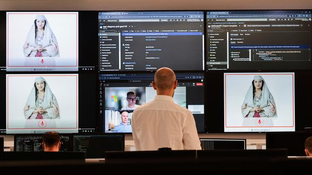 Ein Mann steht vor einer Wand mit vielen Monitoren. Auf einigen der Monitore ist eine junge Frau in albanischer Tracht zu sehen. Sie ist ein Bild für die künstliche Intelligenz Diella. 