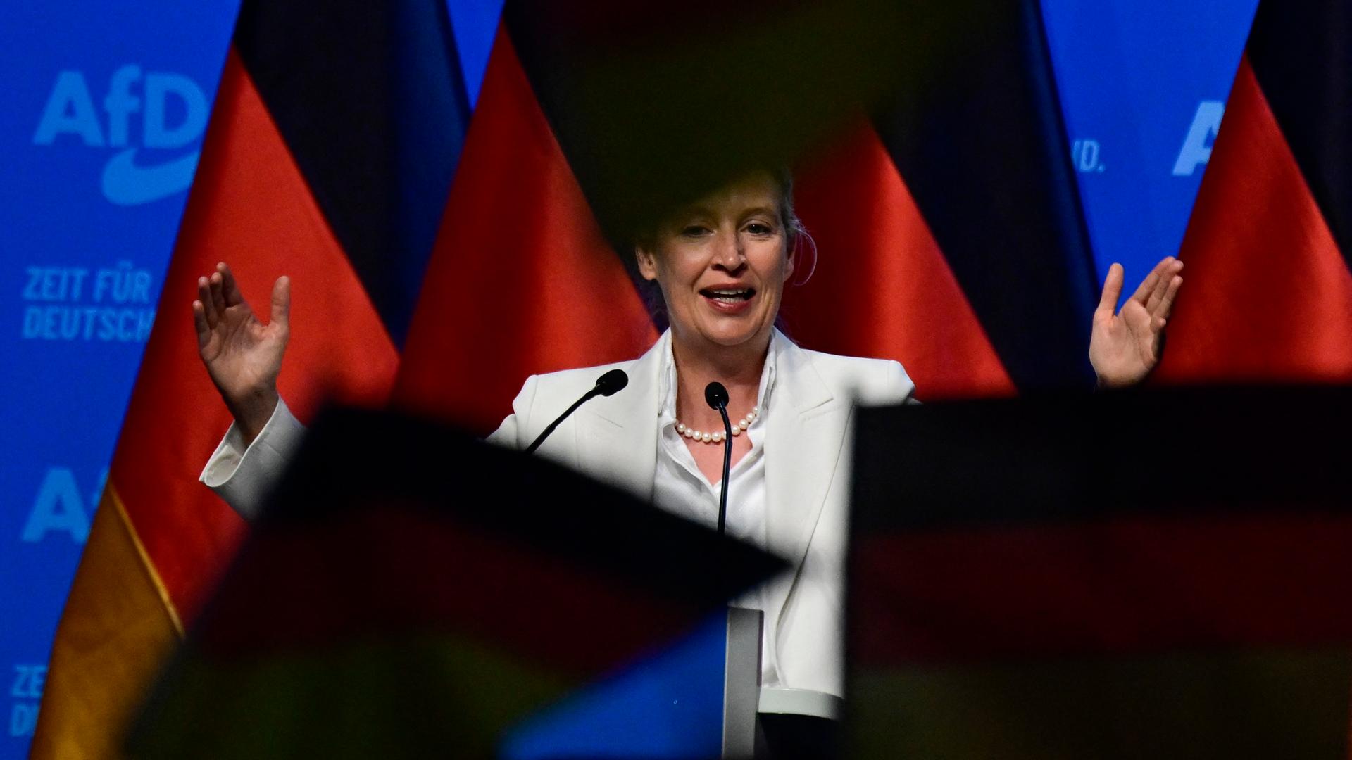Die AfD-Mitvorsitzende Alice Weidel spricht zu den Delegierten, die am Ende des Parteitags der rechtsextremen „Alternative für Deutschland“ (AfD) in Erfurt am 5. Juli 2026 deutsche Flaggen schwenken. 