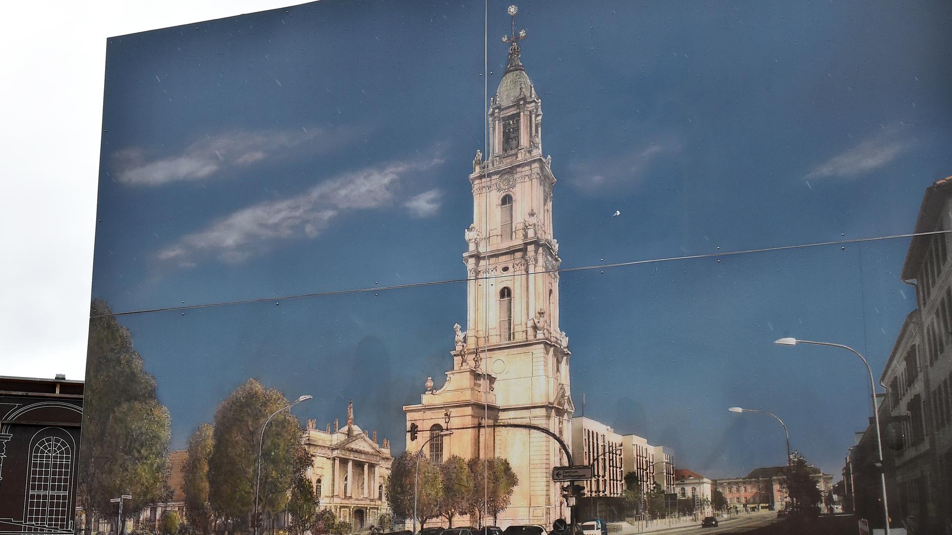 Eine Fotomontage zeigt die Garnisonkirche im heutigen Potsdam (Brandenburg) am historischen Standort.