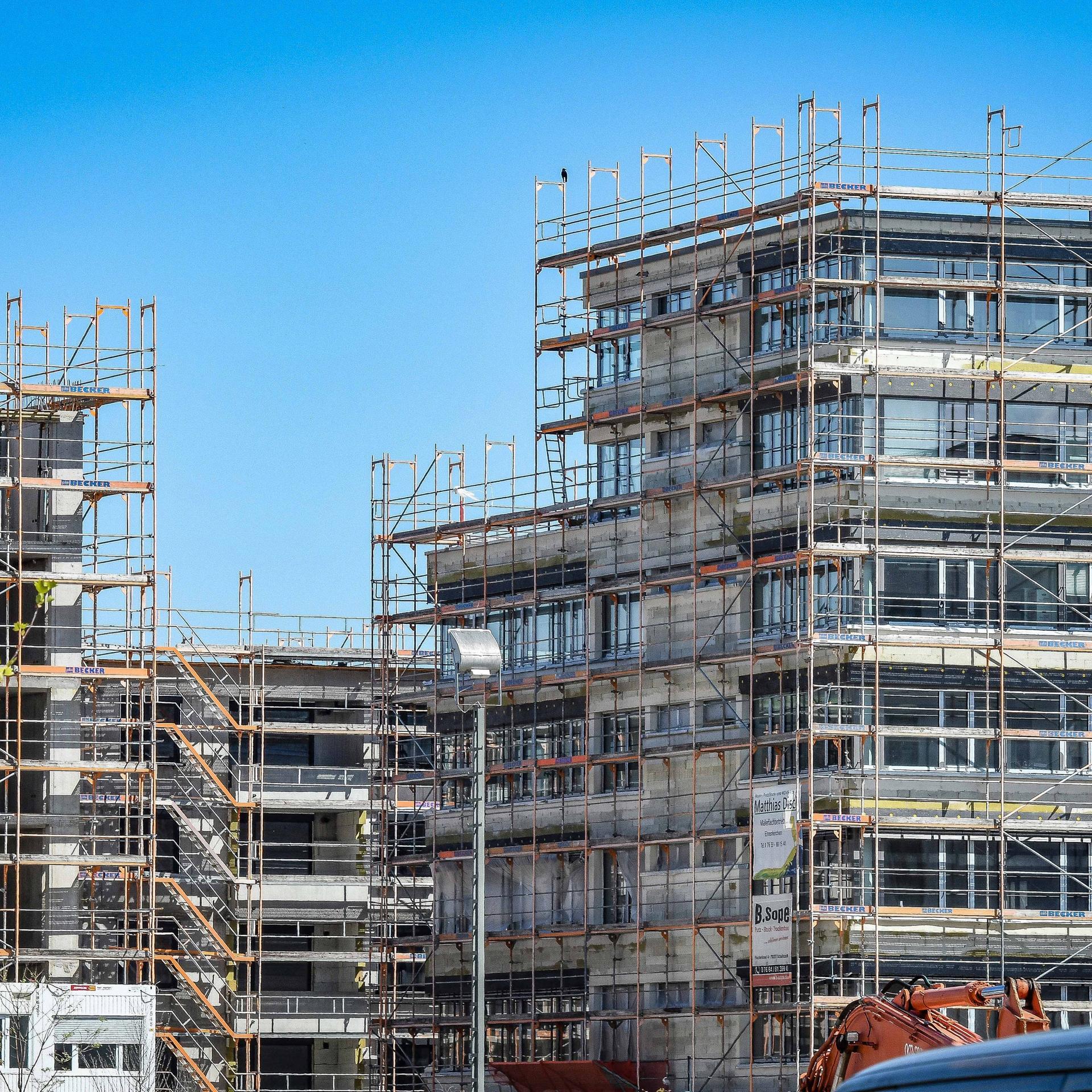 Wohnungsneubau in Freiburg: Es ist eine Baustelle mit mehreren eingerüsteten Häusern zu sehen. 