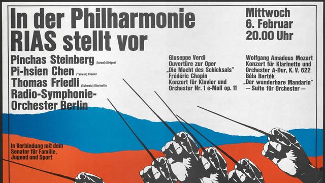 RIAS-Plakat für ein Konzert in der Philharmonie am 6. Februar 1974: "RIAS stellt vor"