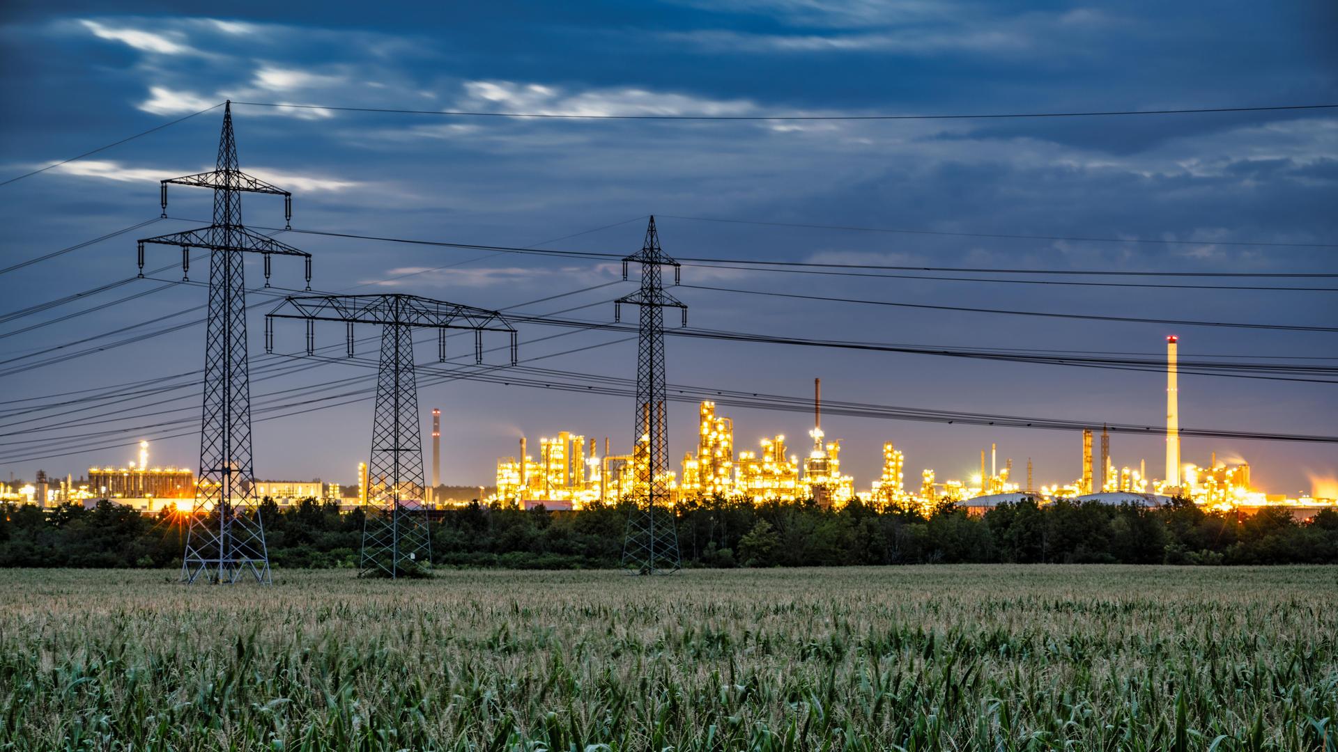 Blick auf das Industriegebiet in Leuna. Davor sind Felder. Der Industriekomplex ist beleuchtet und hebt sich von der dunklen Umgebung ab.