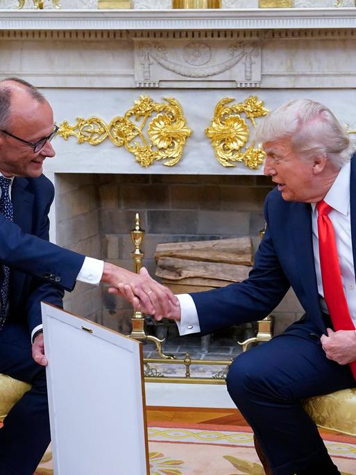 Bundeskanzler Friedrich Merz schüttelt im Oval Office die Hand von US-Präsident Donald Trump. In der anderen Hand hält Merz sein Gastgeschenk: ein gerahmtes Abbild der Geburtsurkunde von Trumps Großvater.