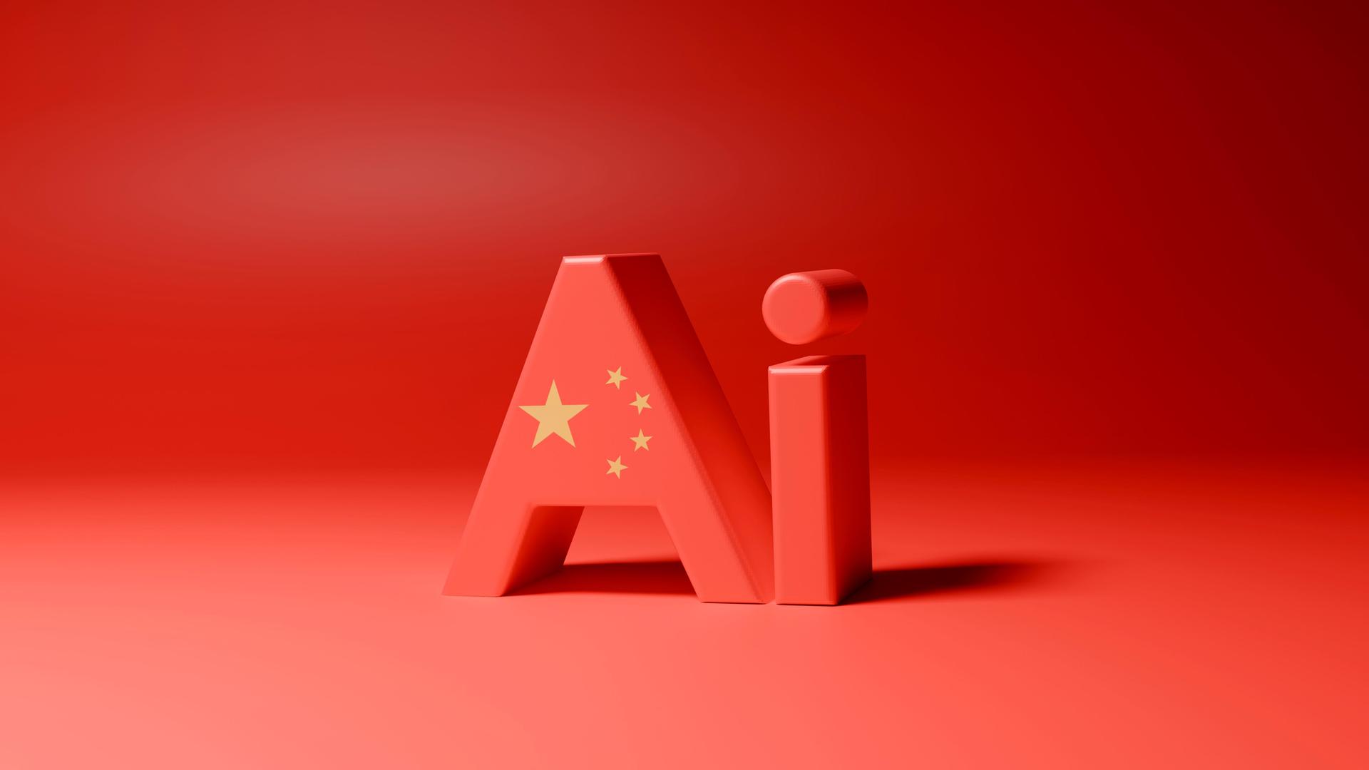 3D-Rendering der Buchstaben AI, rot eingefärbt und mit den Sternen der chinesischen Flagge bespielt. 3D-Rendering der Buchstaben AI, rot eingefärbt und mit den Sternen der chinesischen Flagge bespielt.