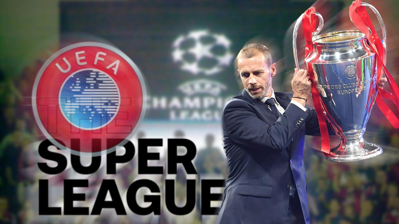 Eine Bildmontage zeigt das Logo der UEFA, den Schriftzug "Super League" und UEFA-Präsident Ceferin mit dem Champions-League-Pokal.