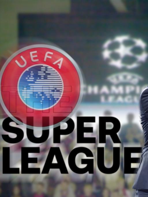 Der EuGH hat mit seinem Urteil den Weg für die Super League im europäischen Fußball geebnet. FOTOMONTAGE UEFA-Logo, Super League Schriftzug, UEFA-Präsident Aleksander Ceferin mit dem Champions-League-Pokal