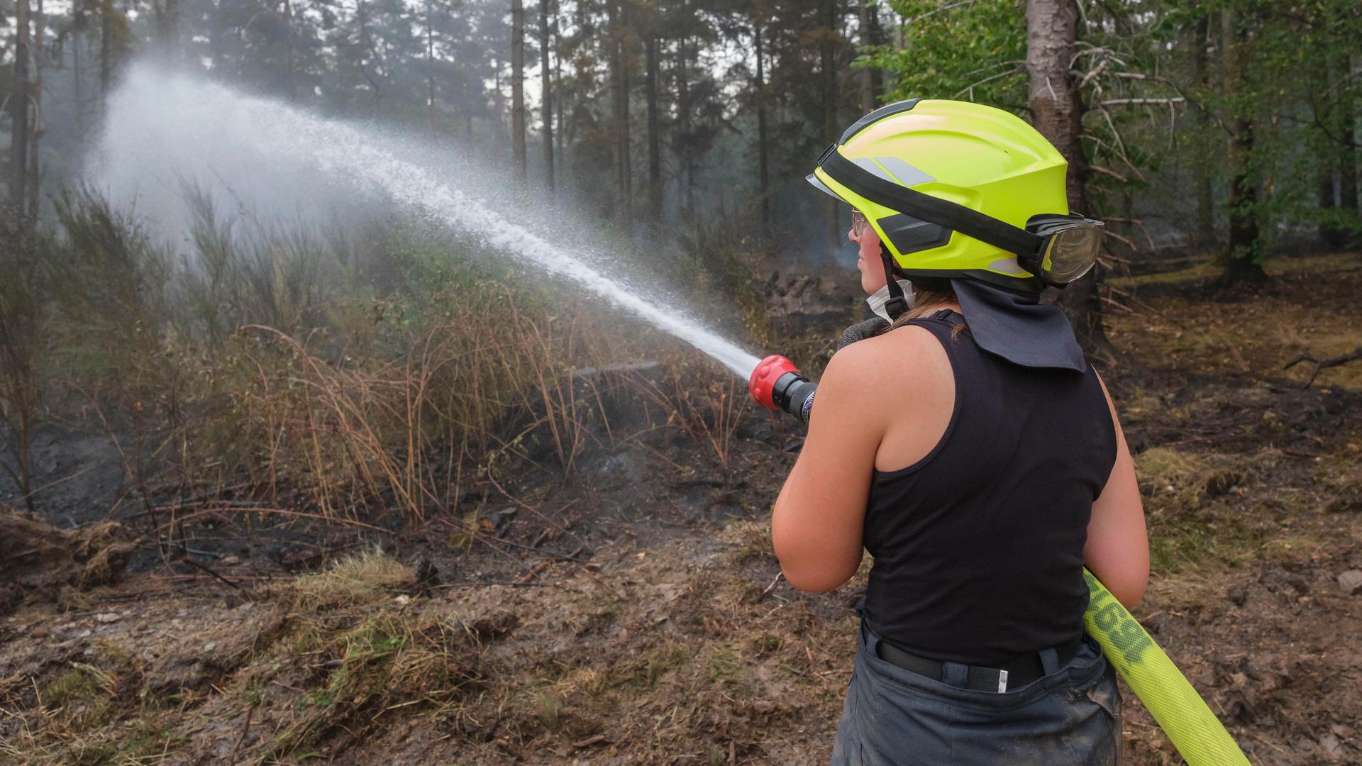 Eine Feuerwehrfrau löscht eine verbrannte Wald-Fläche. Eine Feuerwehrfrau löscht eine verbrannte Wald-Fläche.