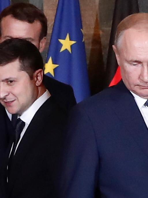 Der russische Präsident Wladimir Putin (2. v. r.) und der ukrainische Präsident Wolodymyr Selenskyj bei einem Treffen im Elysee-Palast in Paris am 09.10.2019