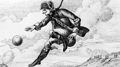 Illustration zu der Geschichte "Der Ritt auf der Kanonenkugel" von Karl Friedrich Hieronymus Freiherr von Münchhausen: Der sogenannte "Lügenbaron" fliegt auf einer Kanonenkugel durch die Luft.