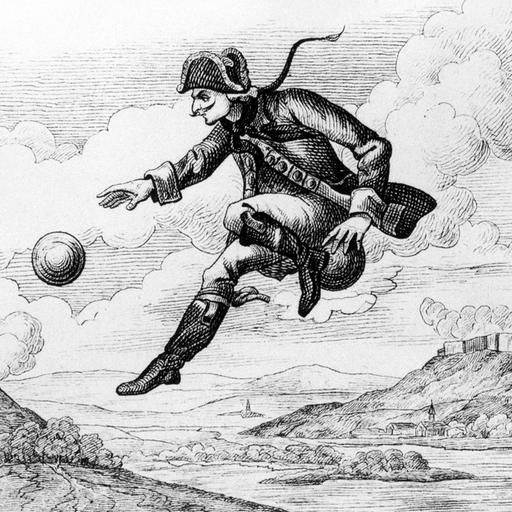 Illustration zu der Geschichte "Der Ritt auf der Kanonenkugel" von Karl Friedrich Hieronymus Freiherr von Münchhausen: Der sogenannte "Lügenbaron" fliegt auf einer Kanonenkugel durch die Luft.