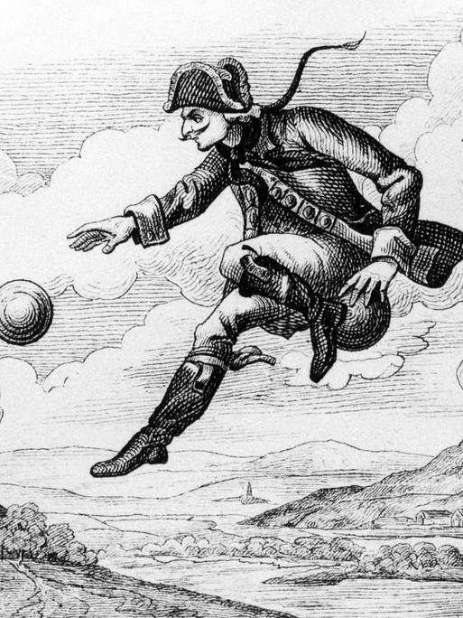 Illustration zu der Geschichte "Der Ritt auf der Kanonenkugel" von Karl Friedrich Hieronymus Freiherr von Münchhausen: Der sogenannte "Lügenbaron" fliegt auf einer Kanonenkugel durch die Luft.