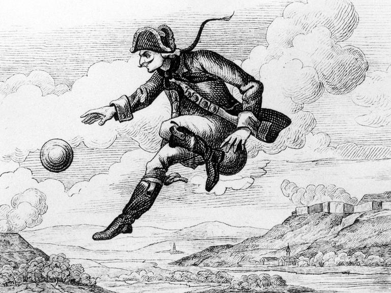 Illustration zu der Geschichte "Der Ritt auf der Kanonenkugel" von Karl Friedrich Hieronymus Freiherr von Münchhausen: Der sogenannte "Lügenbaron" fliegt auf einer Kanonenkugel durch die Luft.