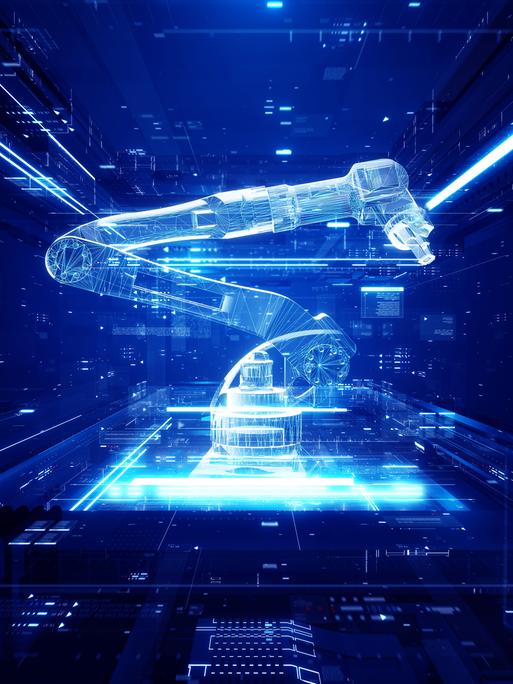 Eine digitale Illustration eines Roboterarms, wie er in vielen Industriebetrieben eingesetzt wird. Die Illustration ist in blau gehalten.