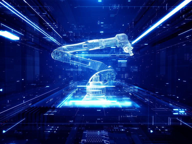 Eine digitale Illustration eines Roboterarms, wie er in vielen Industriebetrieben eingesetzt wird. Die Illustration ist in blau gehalten.
