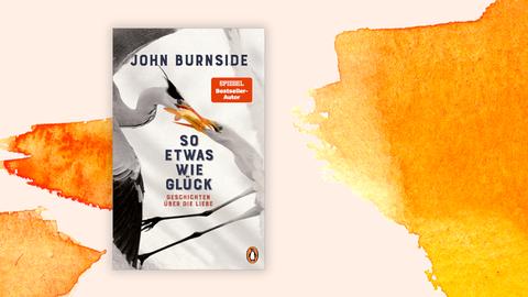 Das Cover des Buches "So etwas wie Glück. Geschichte über die Liebe" von John Burnside vor einem gelb-orangefarbenen grafischen Hintergrund. Auf dem Cover sind zwei große Vögel, Kraniche, abgebildet.