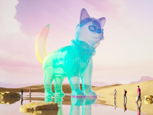 Eine digital generierte Figur eines riesigen Hundes flimmert in Pastellfarben vor einer abstrakten Landschaft. 