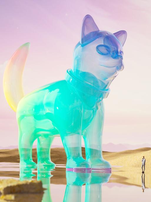Eine digital generierte Figur eines riesigen Hundes flimmert in Pastellfarben vor einer abstrakten Landschaft. 
