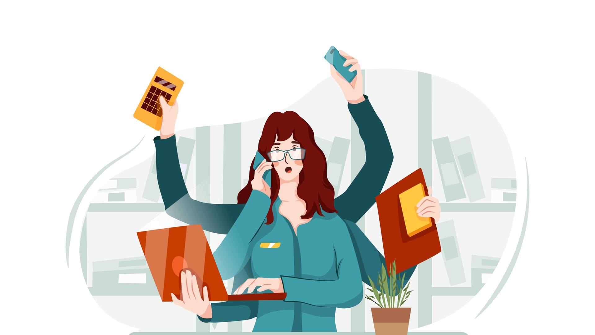 Illustration einer Frau, die mit vielen Dingen gleichzeitig beschäftigt ist 
