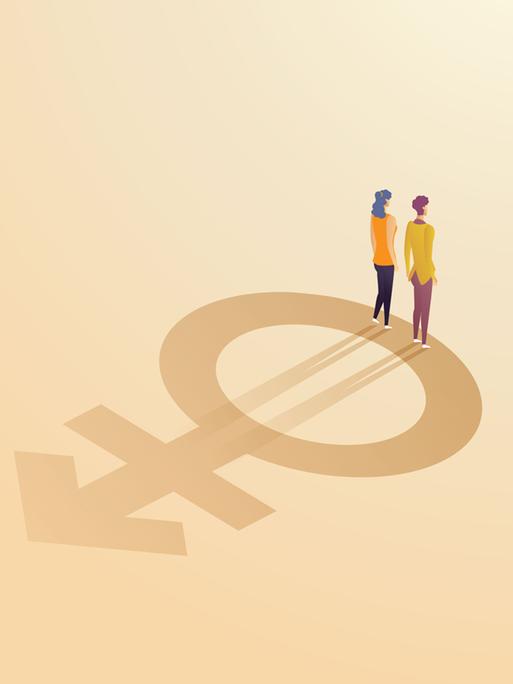 Eine Illustration in Gelbtönen zeigt eine Frau und einen Mann, deren Silhouette auf dem Symbol für nonbinäre Geschlechtsidentitäten stehen. 