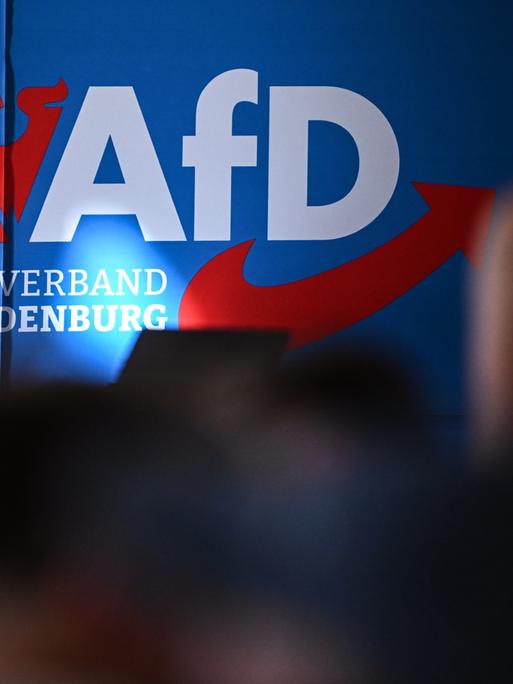 Teilnehmer sitzen in der Auftaktveranstaltung der AfD in Brandenburg zur Landtagswahl vor dem Parteilogo. 