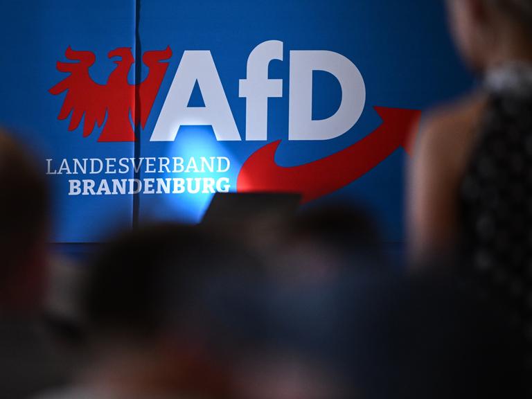 Teilnehmer sitzen in der Auftaktveranstaltung der AfD in Brandenburg zur Landtagswahl vor dem Parteilogo. 