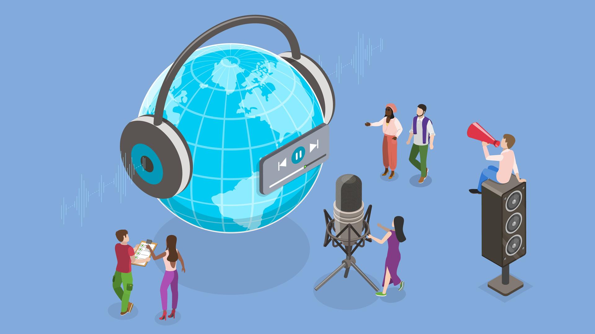 Eine Illustration mit gezeichneten Menschen vor einer Weltkugel, die aufgesetzte Kopfhörer hat. Eine Frau steht vor einem überdimensionalen Mikrofon, ein Mann sitzt auf einem Lautsprecher und spricht in ein Megaphon.