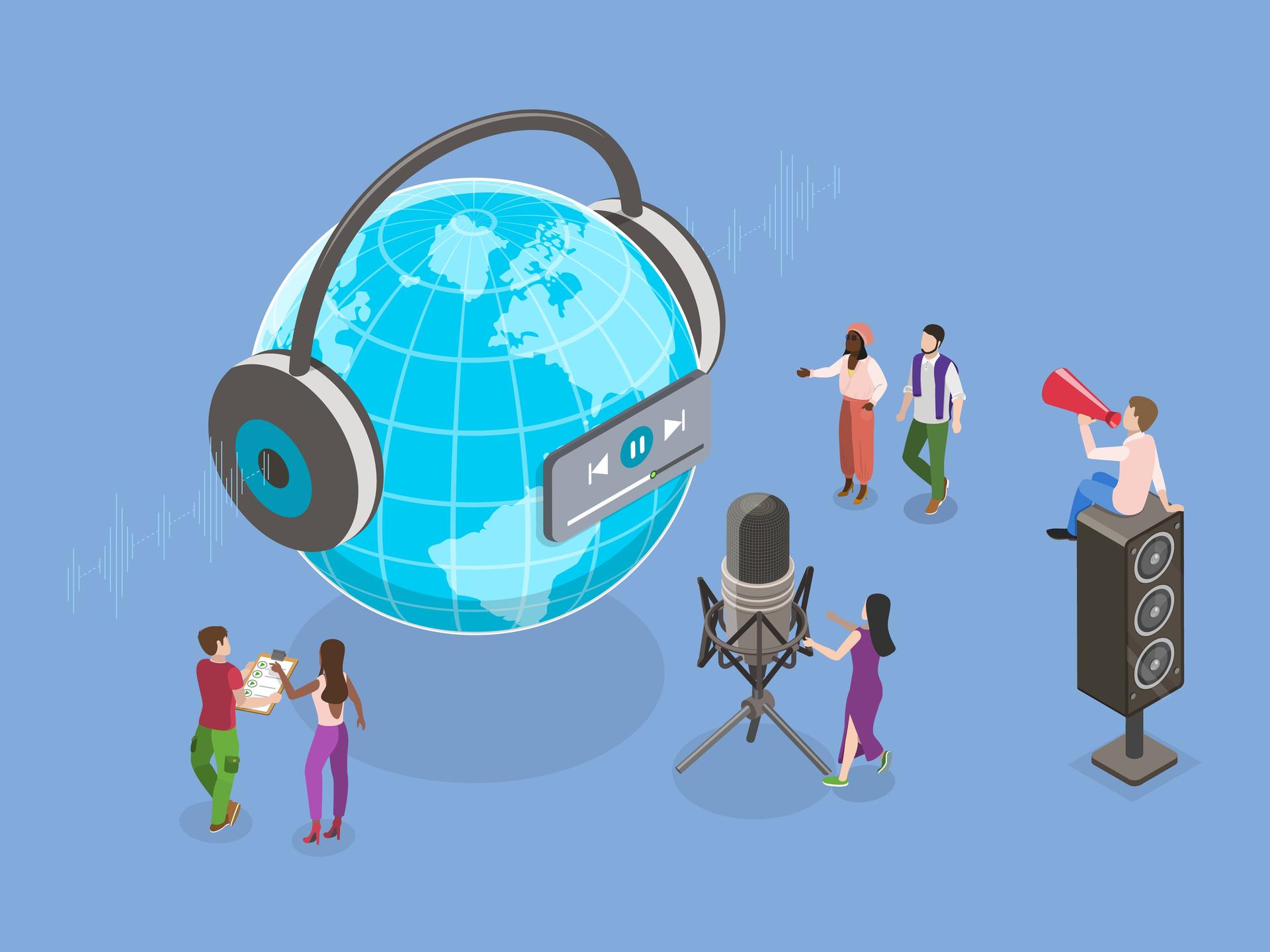 Eine Illustration mit gezeichneten Menschen vor einer Weltkugel, die aufgesetzte Kopfhörer hat. Eine Frau steht vor einem überdimensionalen Mikrofon, ein Mann sitzt auf einem Lautsprecher und spricht in ein Megaphon.