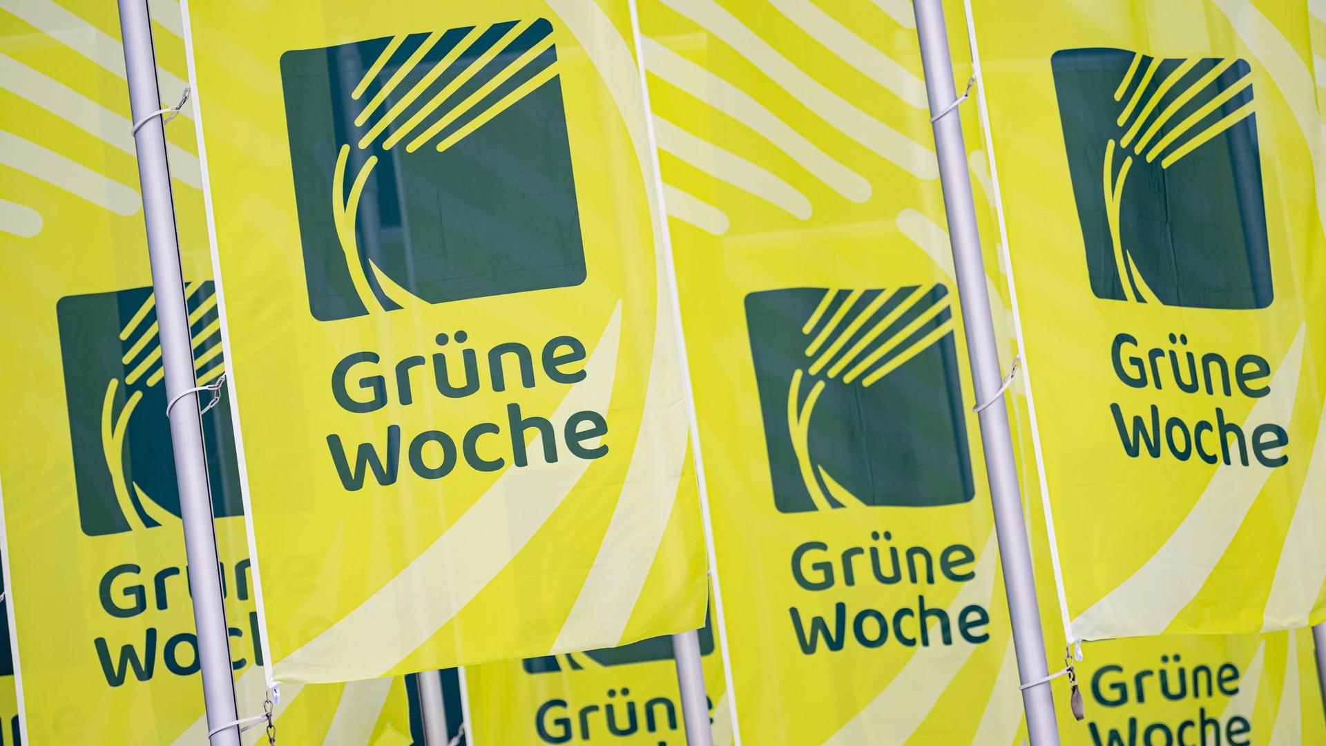 Flaggen mit dem Logo der Grünen Woche wehen vor dem Messe Gelände. 