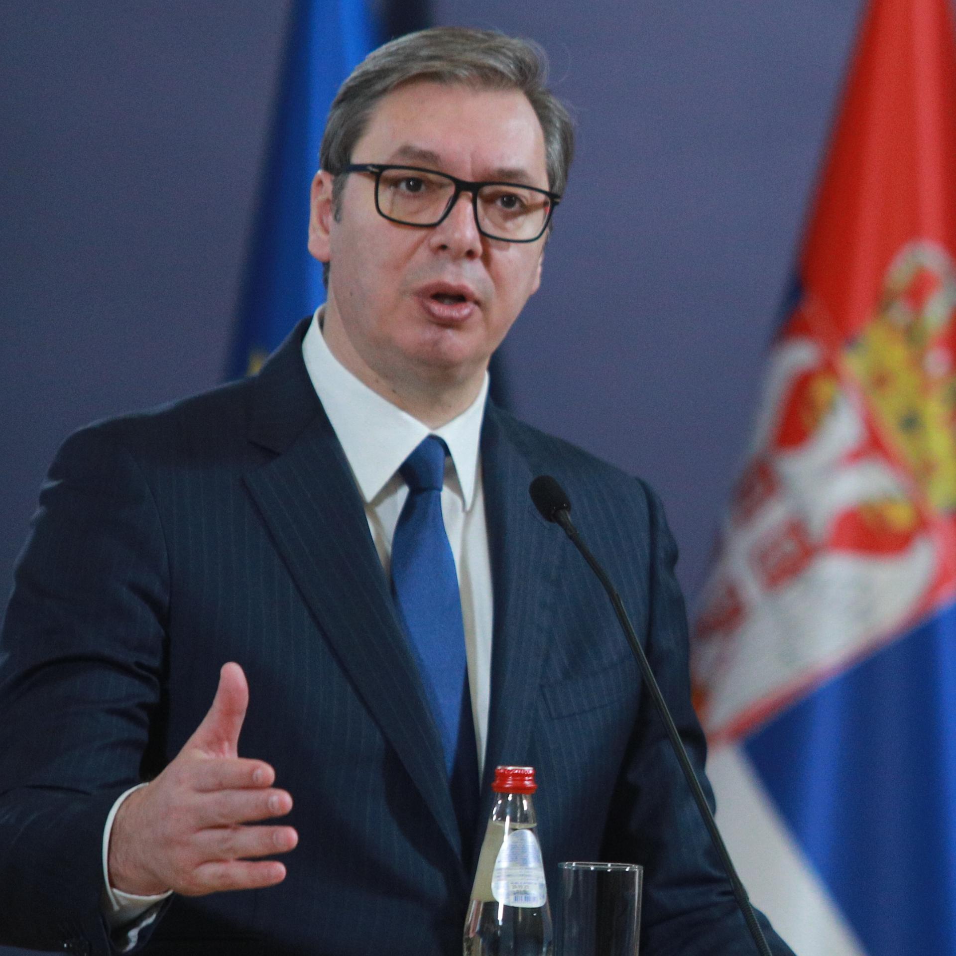 BELGRADE, SERBIA - DECEMBER 2: Serbia's President Aleksandar Vucic and EU Commissioner for Neighbourhood and Enlargement Oliver Varhelyi hold a joint press conference following their meeting in Belgrade, Serbia on December 2, 2022. Milos Miskov / Anadolu Agency
