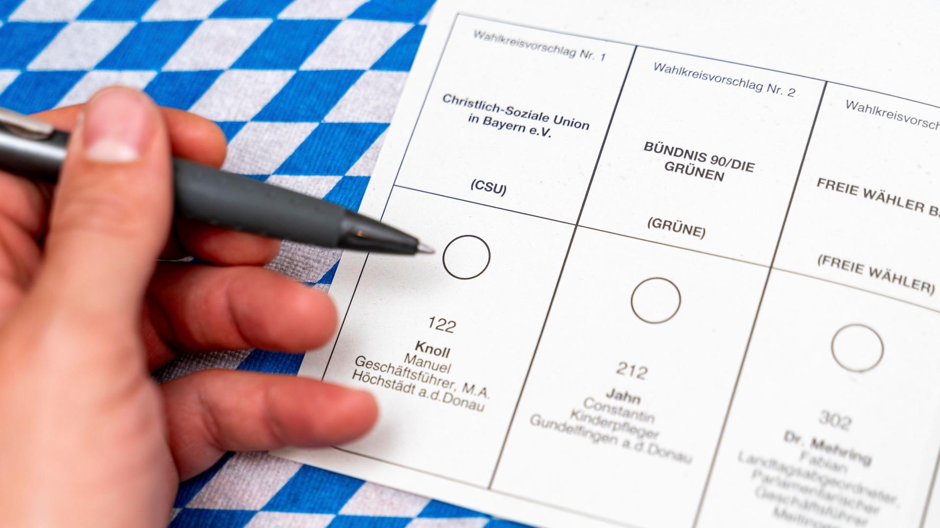 Stimm-Zettel bei der Brief-Wahl in Bayern. Eine Hand hält einen Kugel-Schreiber vor den Stimm-Zettel. Dahinter sieht man die Flagge von Bayern in Blau und Weiß.