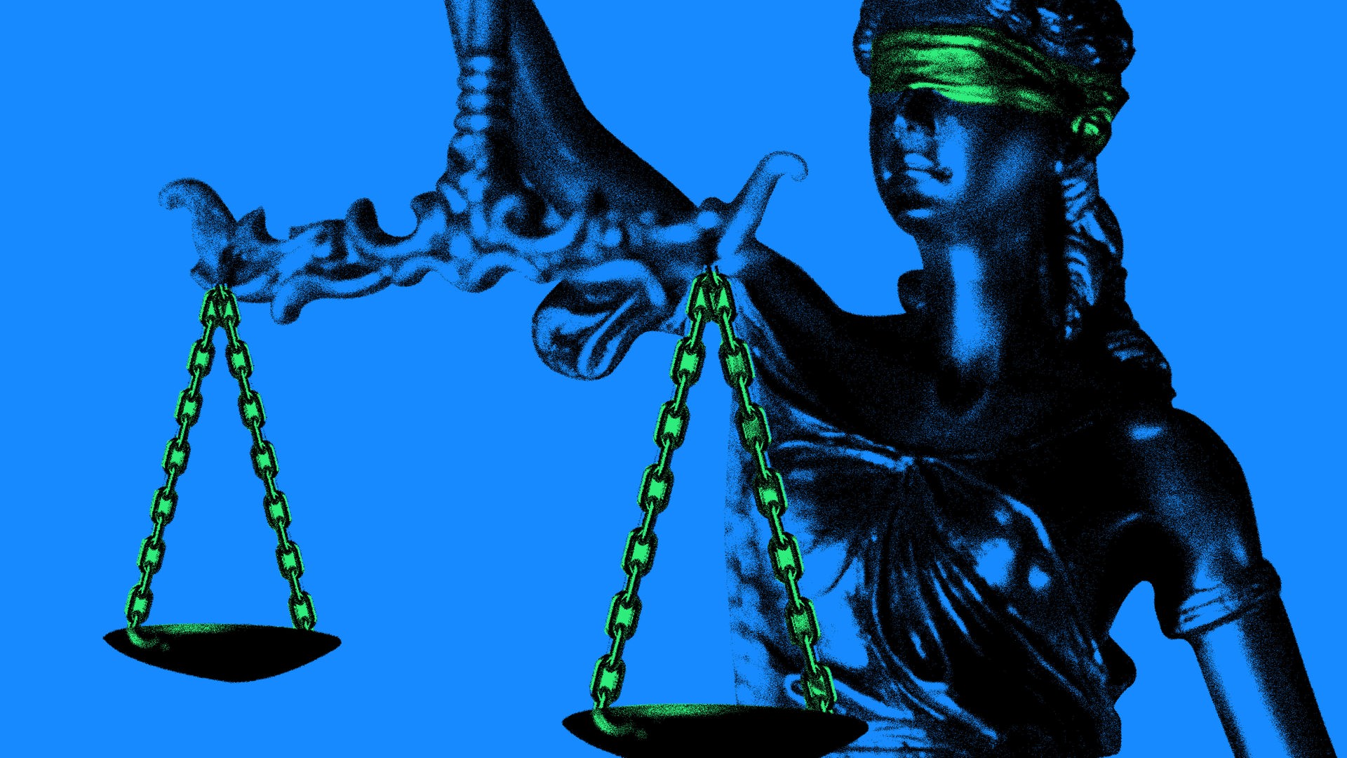 Statue von Justitia, der römischen Göttin der Gerechtigkeit, mit verbundenen Augen und einer Waage in der Hand