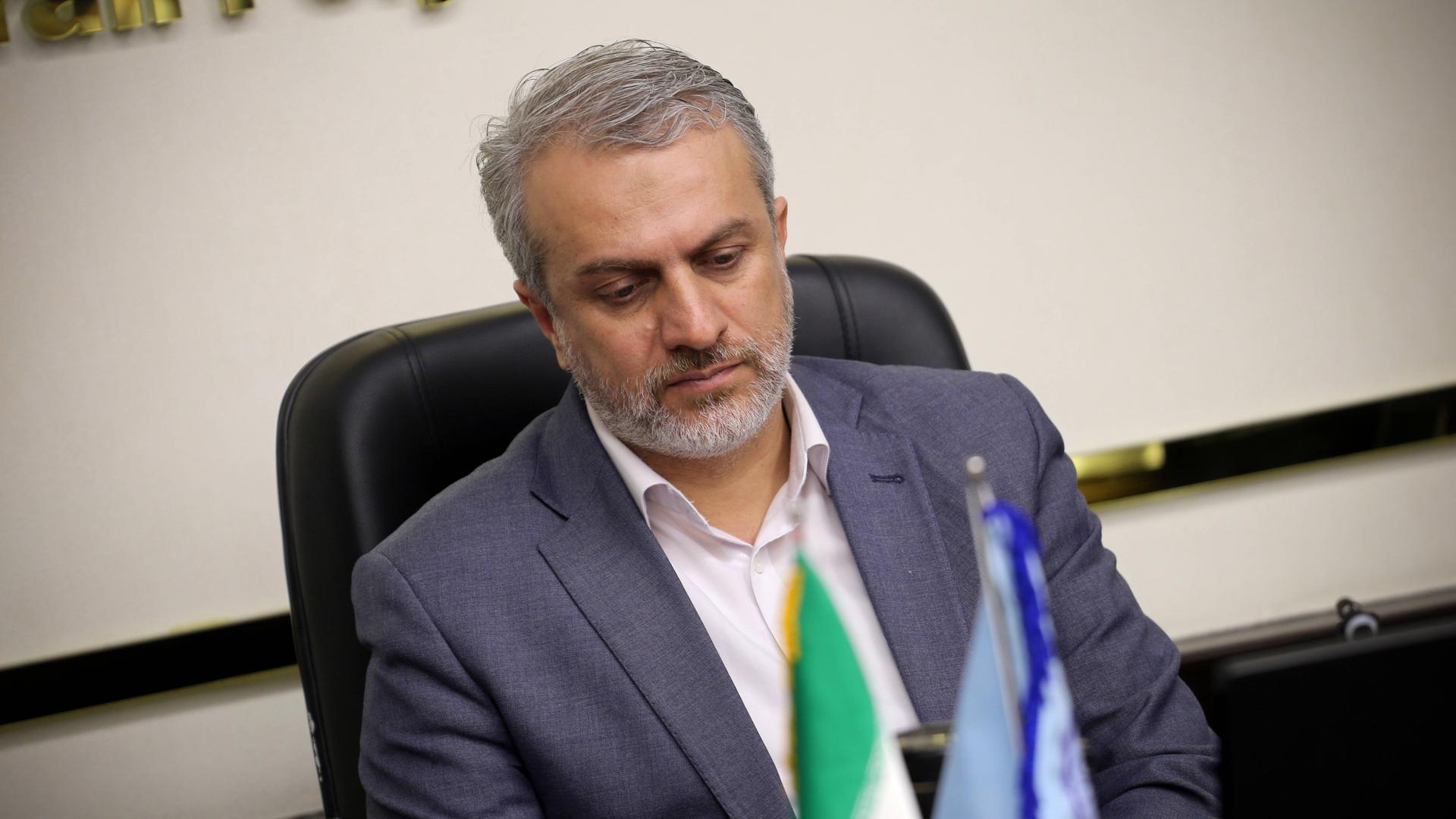 Amin sitzt in einem Sessel, im Vordergrund sieht man eine iranische Flagge. Amin trägt ein Sakko und darunter ein weißes Hemd.