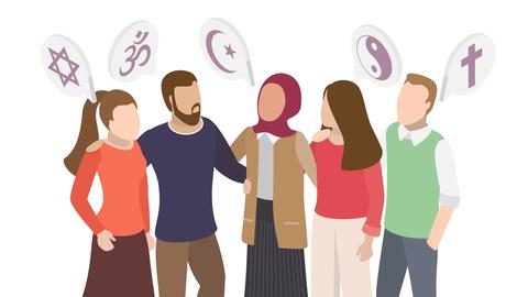 Illustration: Fünf Menschen stehen zusammen, darüber sind verschiedene religiöse Symbole zu sehen.