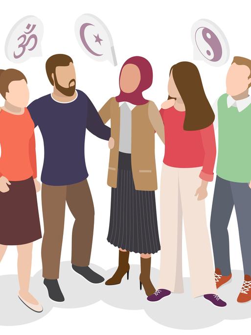 Illustration: Fünf Menschen stehen zusammen, darüber sind verschiedene religiöse Symbole zu sehen. Illustration: Fünf Menschen stehen zusammen, darüber sind verschiedene religiöse Symbole zu sehen.