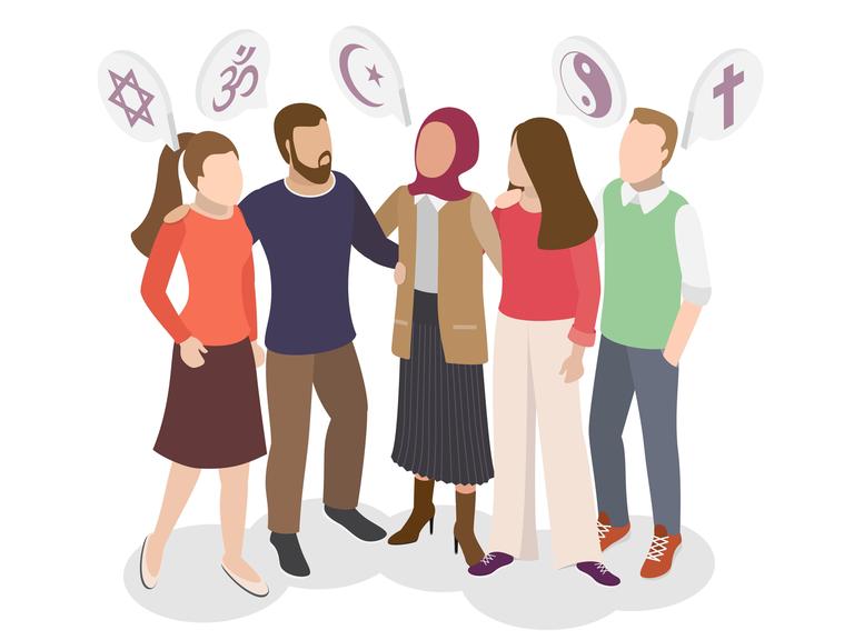 Illustration: Fünf Menschen stehen zusammen, darüber sind verschiedene religiöse Symbole zu sehen. Illustration: Fünf Menschen stehen zusammen, darüber sind verschiedene religiöse Symbole zu sehen.