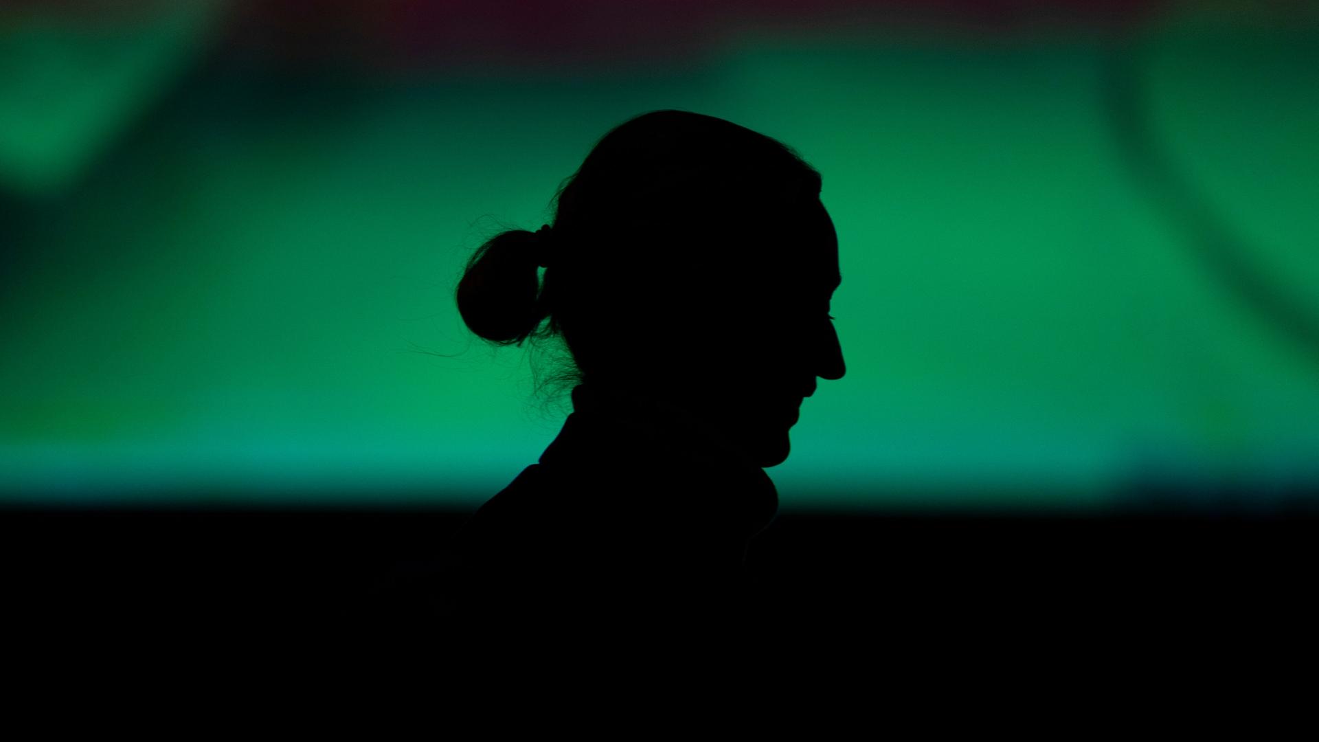 Ein Schatten vor grünem Hintergrund zeigt das Profil von Alice Weidel