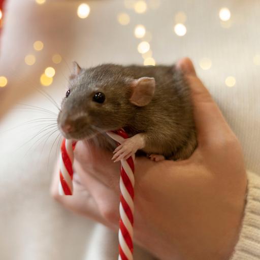 In der Hand einer Frau ist eine Ratte mit einer Zuckerstange.