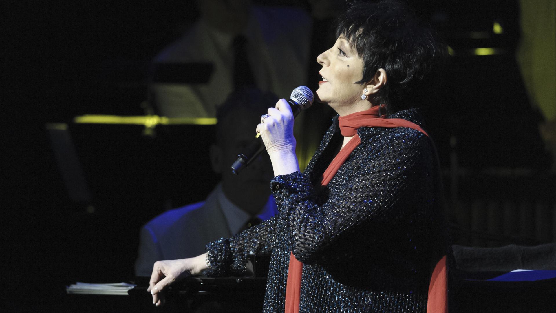 Liza Minnelli im Profil wie sie in ein Mikrofon singt