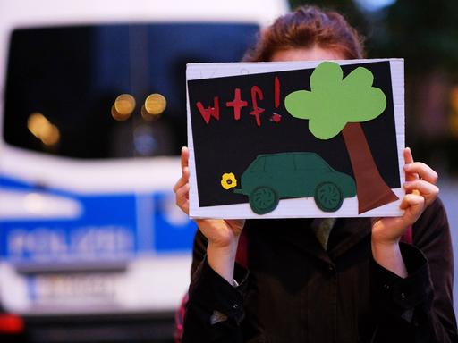 Eine junge Frau hält ein Schild hoch, dass ein Auto und einen Baum zeigen, die aus Pappe ausgeschnitten sind. Darüber stehen die Buchstaben "WTF", was für "What the Fuck" steht. Gemeint ist die Rodung des Danneröder Waldes für den Bau der Autobahn A 49. 