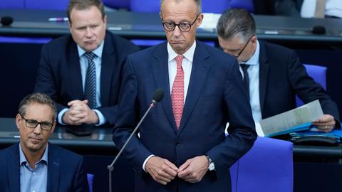 Das Foto zeigt Bundeskanzler Merz an einem Mikrofon im Bundestag.