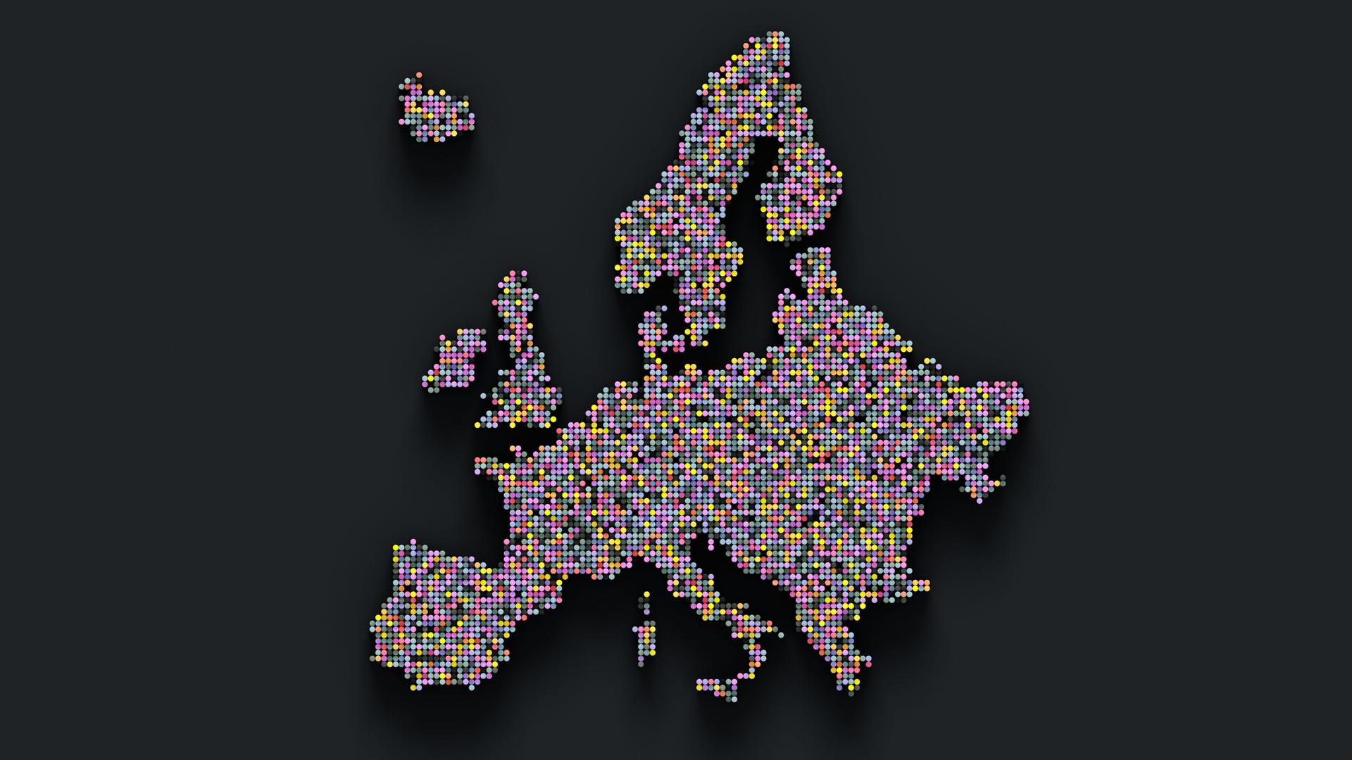 Illustration: Ein abstraktes Bild von Europa aus vielen farbigen Pixelkästchen vor dunklem Hintergrund