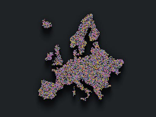 Illustration: Ein abstraktes Bild von Europa aus vielen farbigen Pixelkästchen vor dunklem Hintergrund Illustration: Ein abstraktes Bild von Europa aus vielen farbigen Pixelkästchen vor dunklem Hintergrund