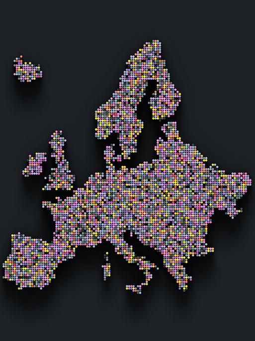 Illustration: Ein abstraktes Bild von Europa aus vielen farbigen Pixelkästchen vor dunklem Hintergrund
