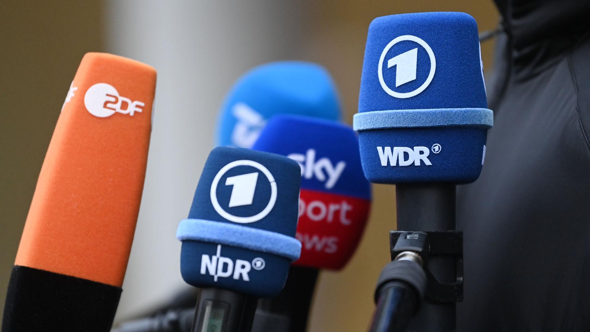 Mikrofone sind während eines Medientermin vor dem Mannschaftshotel der deutschen Handball-Nationalmannschaft zu sehen.