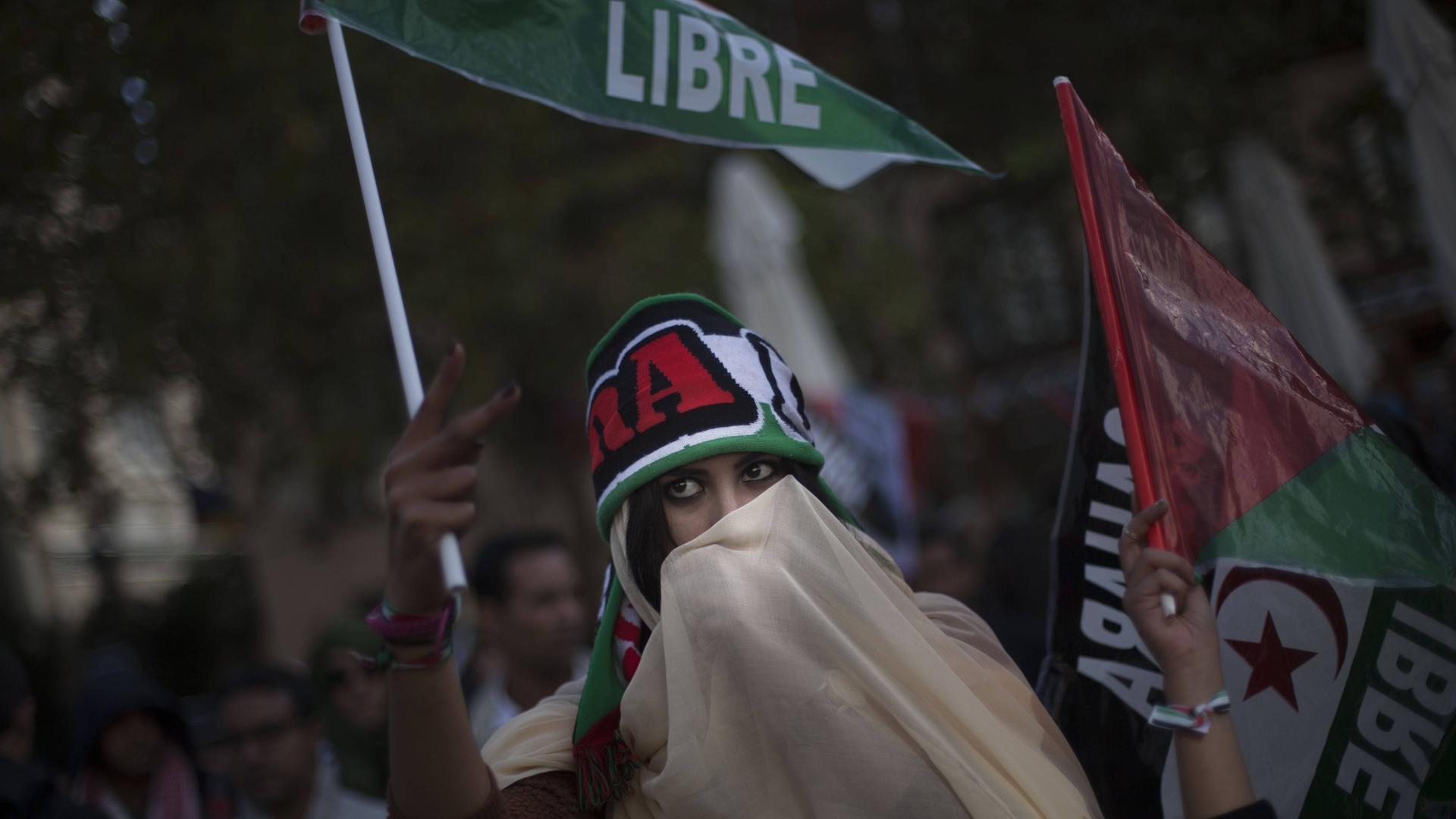 Eine Frau mit Schleier vor dem Gesicht demonstriert für die Unabhängigkeit der Westsahara und gegen die Besetzung durch Marokko. Eine Frau mit Schleier vor dem Gesicht demonstriert für die Unabhängigkeit der Westsahara und gegen die Besetzung durch Marokko.