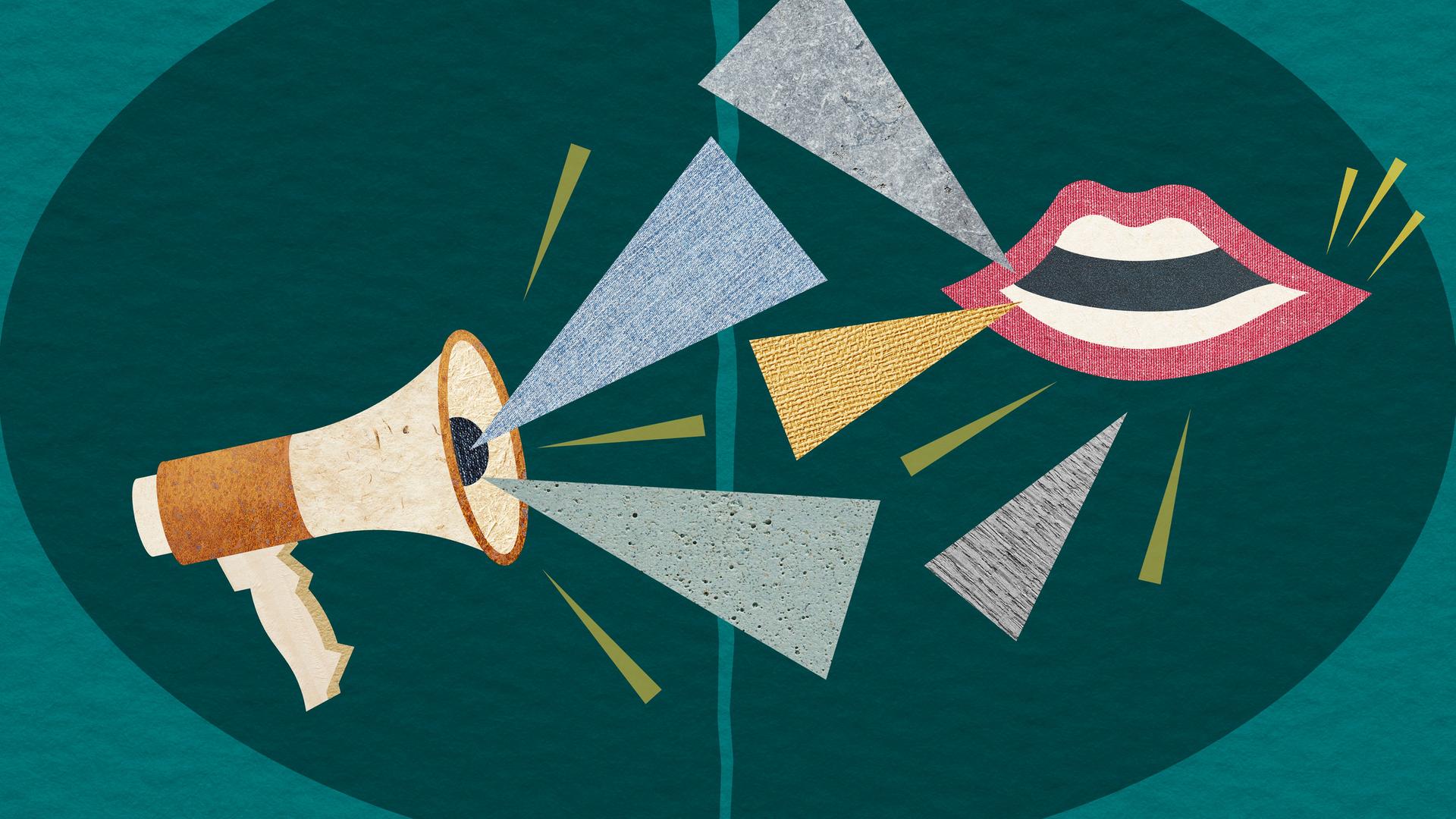 Illustration eines Megafons und eines Mundes vor denen dreieckförmige Papierstücken schweben, die Laute symbolisieren